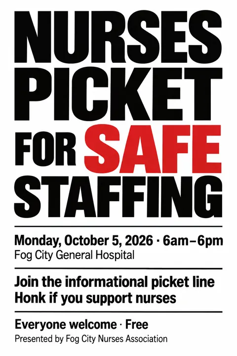 Monochrome + Single Accent style event poster for a fictional protest: Nurses Picket for Safe Staffing