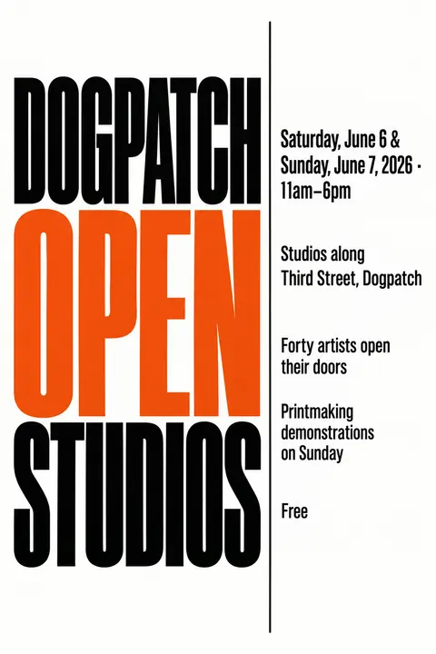 Monochrome + Single Accent style poster for a fictional event called Dogpatch Open Studios