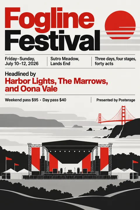 NASA Worm Modernist style event poster for a fictional festival: Fogline Festival
