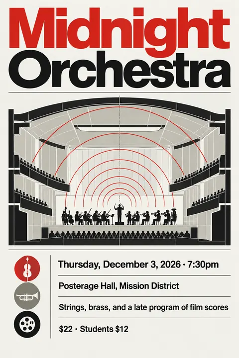 NASA Worm Modernist style poster for a fictional event called Midnight Orchestra