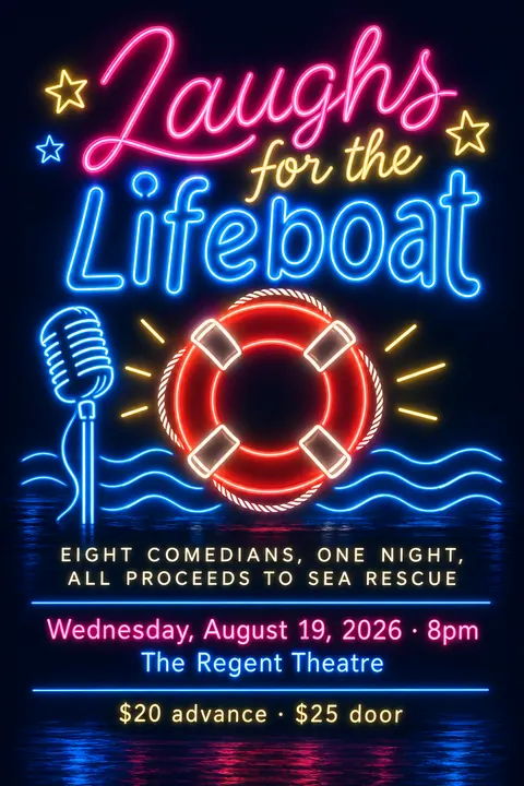 Neon Sign / Diner Americana style event poster for a fictional fundraiser: Laughs for the Lifeboat
