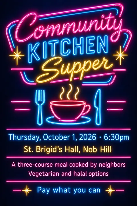 Neon Sign / Diner Americana style poster for a fictional event called Community Kitchen Supper