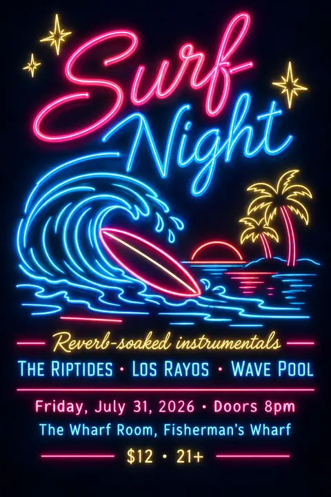 Neon Sign / Diner Americana style poster for a fictional event called Surf Night