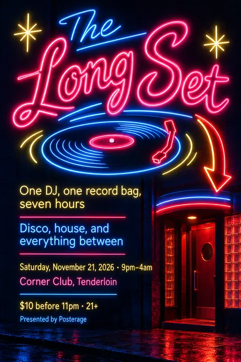 Neon Sign / Diner Americana style poster for a fictional event called The Long Set