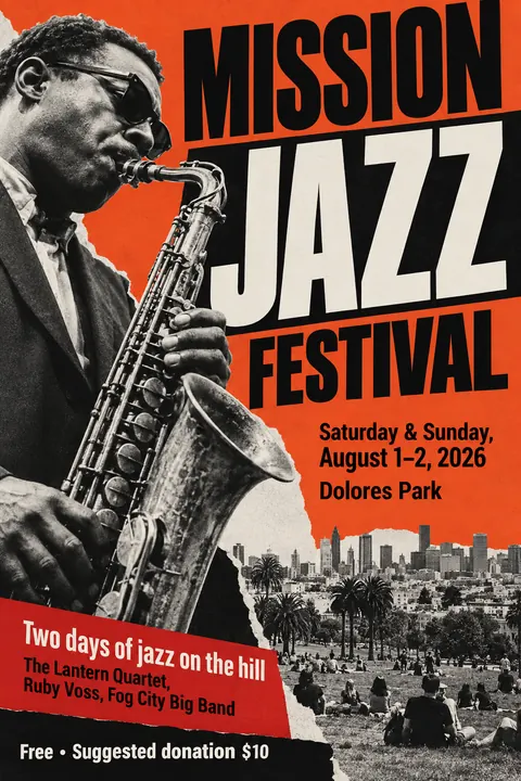 Neue Sachlichkeit / New Objectivity style event poster for a fictional festival: Mission Jazz Festival