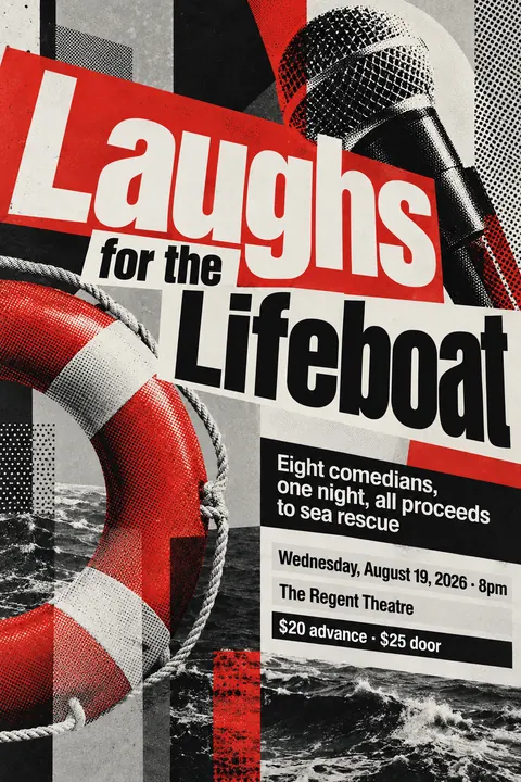 New Wave Typography style event poster for a fictional fundraiser: Laughs for the Lifeboat