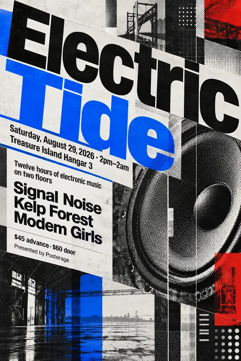 New Wave Typography style event poster for a fictional festival: Electric Tide