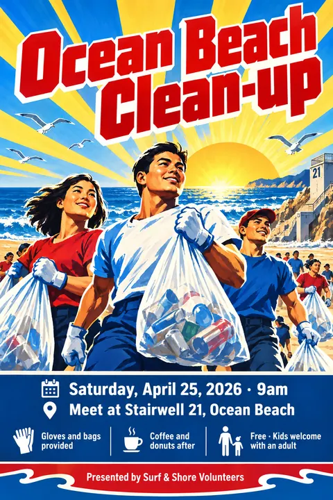 North Korean Propaganda style poster for a fictional event called Ocean Beach Clean-up