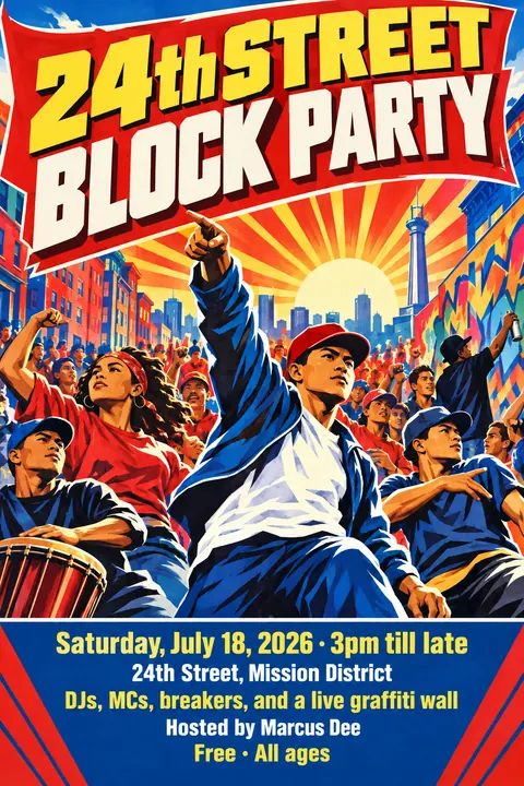 North Korean Propaganda style poster for a fictional event called 24th Street Block Party