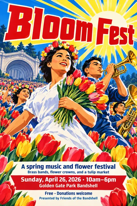 North Korean Propaganda style event poster for a fictional festival: Bloom Fest
