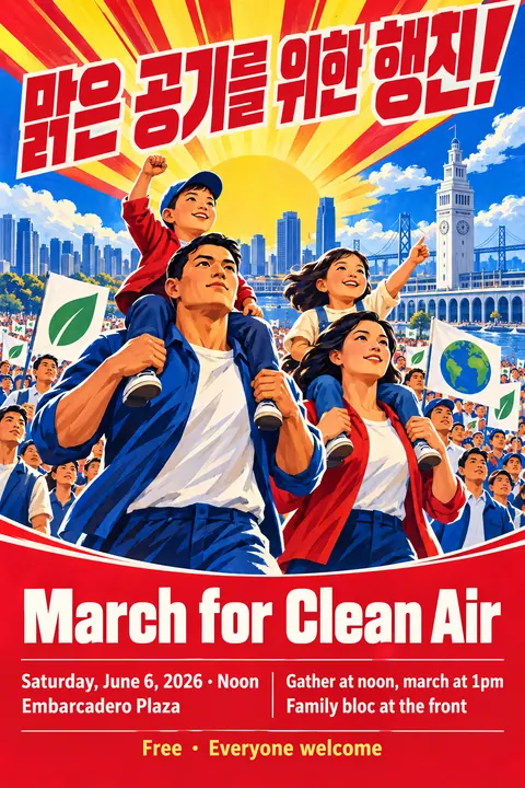 North Korean Propaganda style poster for a fictional event called March for Clean Air