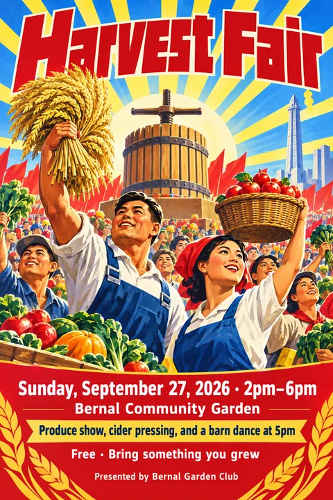 North Korean Propaganda style poster for a fictional event called Harvest Fair