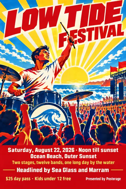 North Korean Propaganda style poster for a fictional event called Low Tide Festival