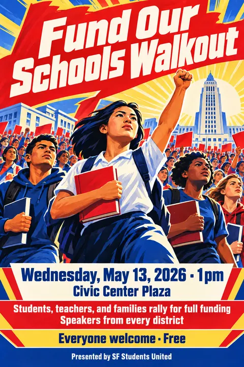 North Korean Propaganda style event poster for a fictional protest: Fund Our Schools Walkout