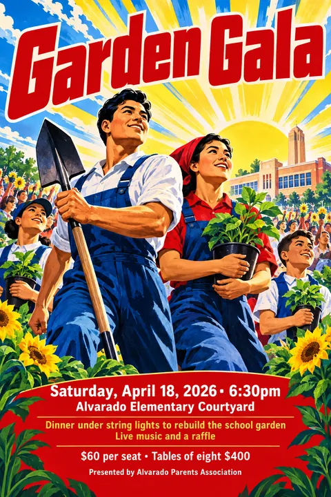North Korean Propaganda style event poster for a fictional fundraiser: Garden Gala