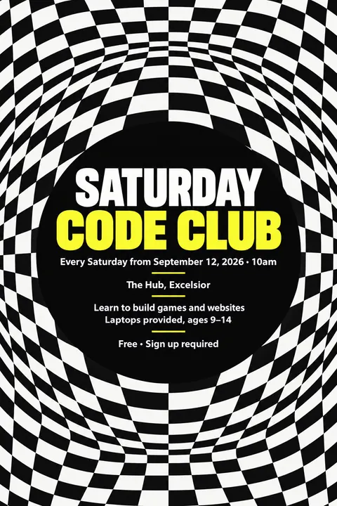 Op Art style poster for a fictional event called Saturday Code Club