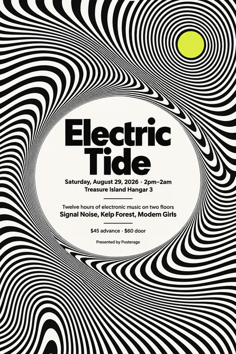 Op Art style event poster for a fictional festival: Electric Tide