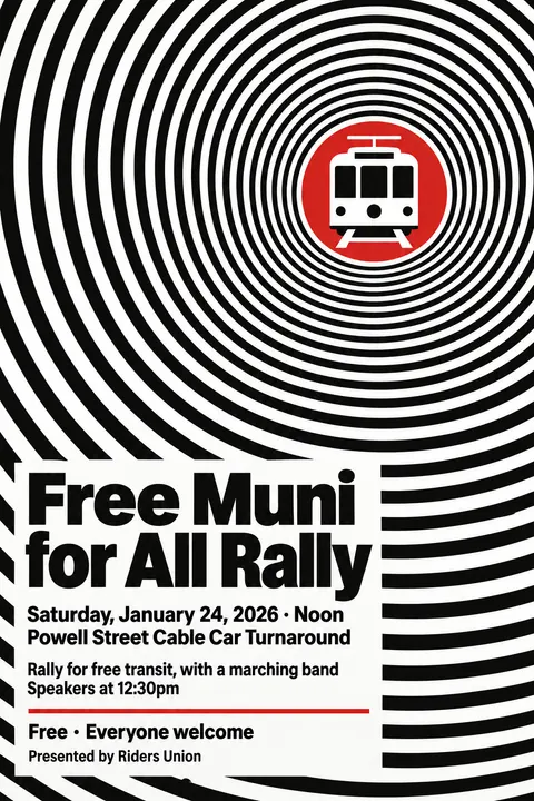 Op Art style event poster for a fictional protest: Free Muni for All Rally