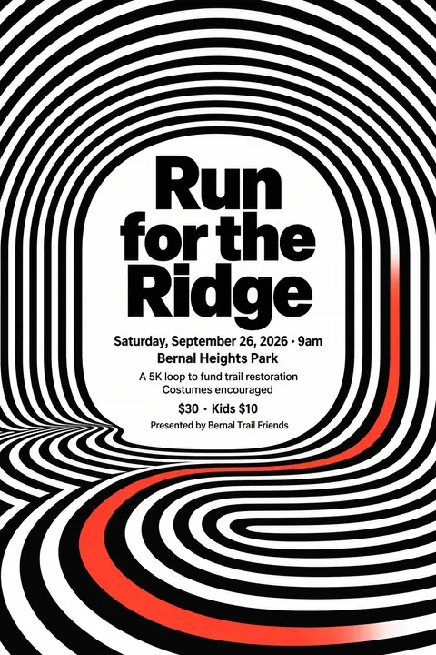 Op Art style event poster for a fictional fundraiser: Run for the Ridge