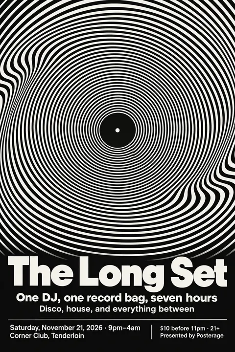 Op Art style poster for a fictional event called The Long Set