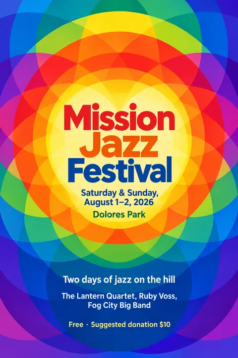 Orphism / Simultanism style event poster for a fictional festival: Mission Jazz Festival
