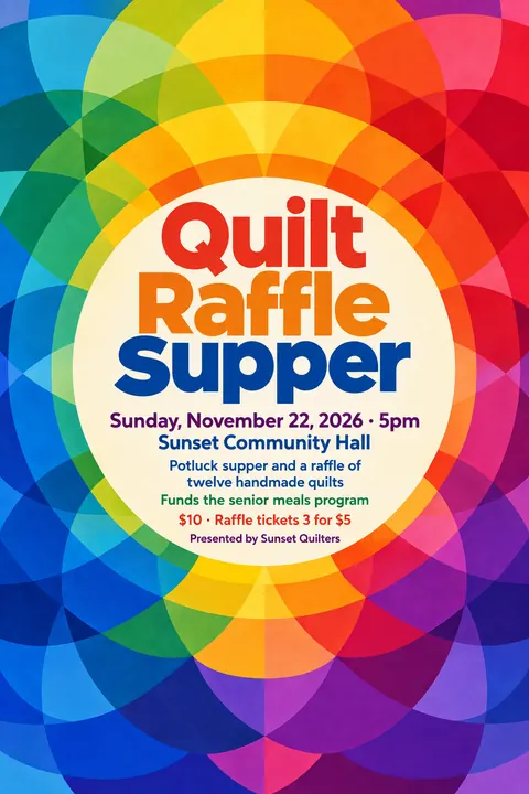 Orphism / Simultanism style event poster for a fictional fundraiser: Quilt Raffle Supper