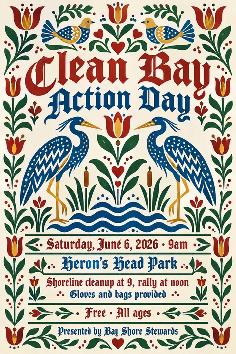 Pennsylvania Dutch / Fraktur style event poster for a fictional protest: Clean Bay Action Day