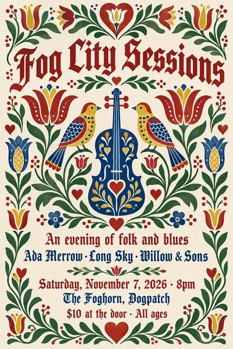 Pennsylvania Dutch / Fraktur style poster for a fictional event called Fog City Sessions