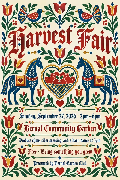 Pennsylvania Dutch / Fraktur style poster for a fictional event called Harvest Fair