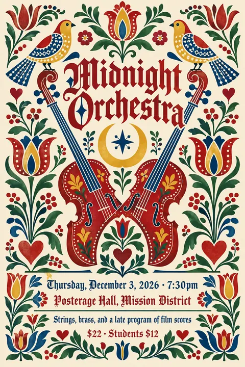 Pennsylvania Dutch / Fraktur style poster for a fictional event called Midnight Orchestra