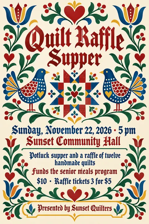 Pennsylvania Dutch / Fraktur style event poster for a fictional fundraiser: Quilt Raffle Supper