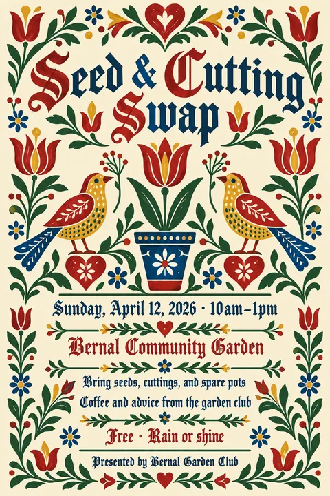 Pennsylvania Dutch / Fraktur style poster for a fictional event called Seed & Cutting Swap