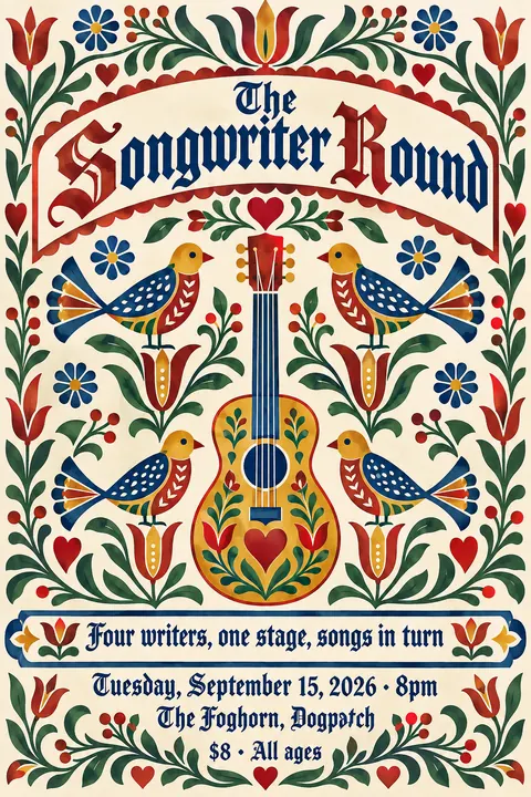 Pennsylvania Dutch / Fraktur style poster for a fictional event called The Songwriter Round
