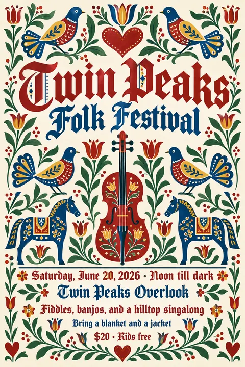 Pennsylvania Dutch / Fraktur style event poster for a fictional festival: Twin Peaks Folk Festival