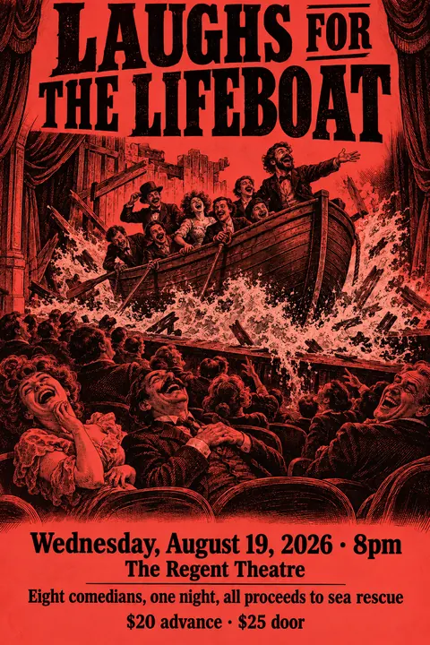 Penny Dreadful / Sensation Novel Cover style event poster for a fictional fundraiser: Laughs for the Lifeboat