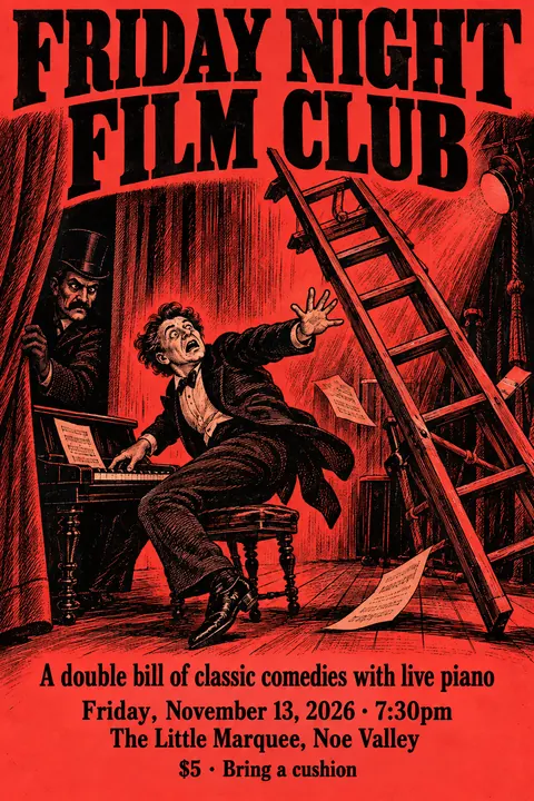 Penny Dreadful / Sensation Novel Cover style event poster for a fictional community: Friday Night Film Club