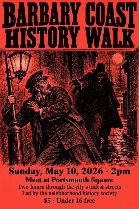 Penny Dreadful / Sensation Novel Cover style poster for a fictional event called Barbary Coast History Walk