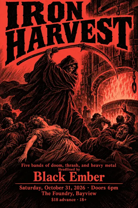 Penny Dreadful / Sensation Novel Cover style poster for a fictional event called Iron Harvest