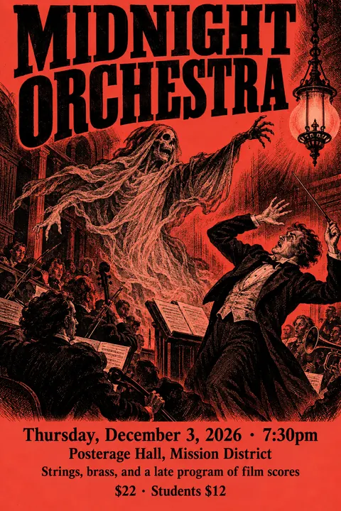 Penny Dreadful / Sensation Novel Cover style poster for a fictional event called Midnight Orchestra