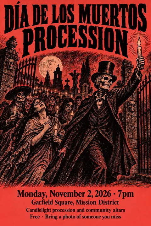 Penny Dreadful / Sensation Novel Cover style poster for a fictional event called Día de los Muertos Procession