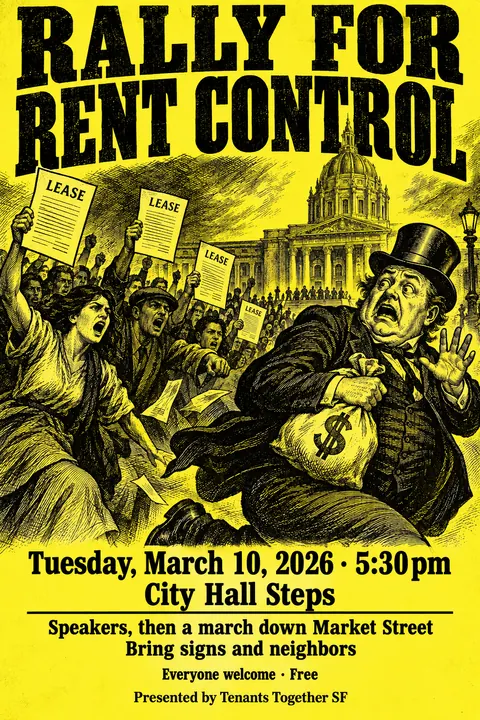 Penny Dreadful / Sensation Novel Cover style event poster for a fictional protest: Rally for Rent Control
