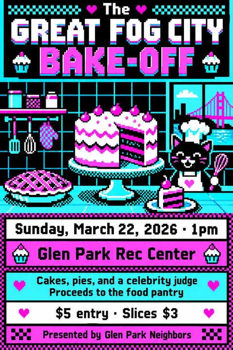 Pixel Art style event poster for a fictional fundraiser: The Great Fog City Bake-Off