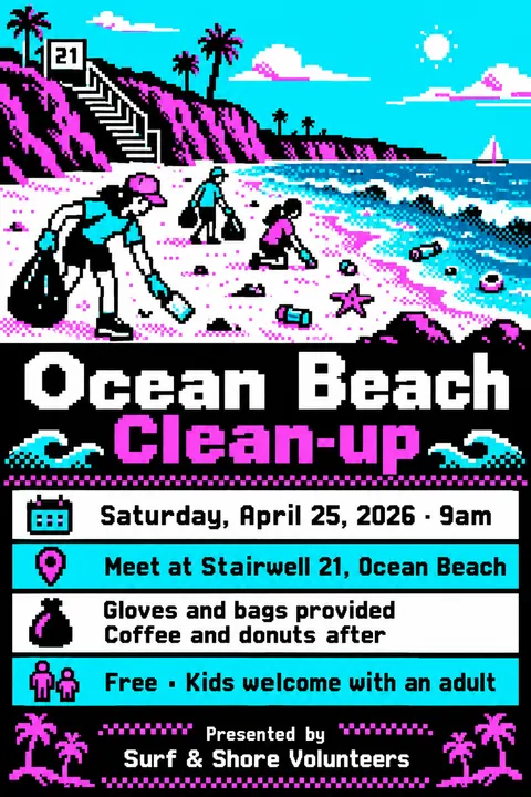 Pixel Art style poster for a fictional event called Ocean Beach Clean-up