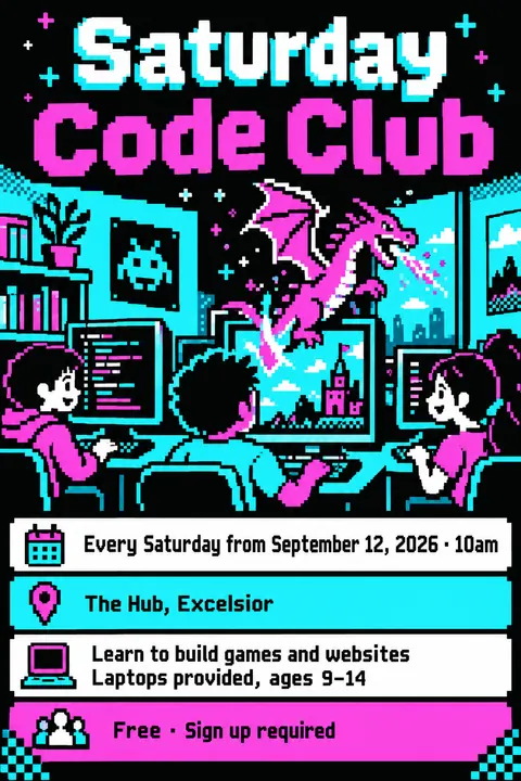 Pixel Art style poster for a fictional event called Saturday Code Club
