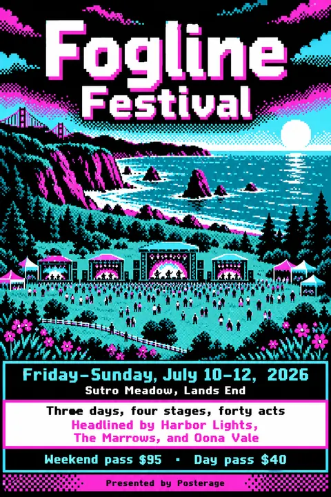 Pixel Art style event poster for a fictional festival: Fogline Festival