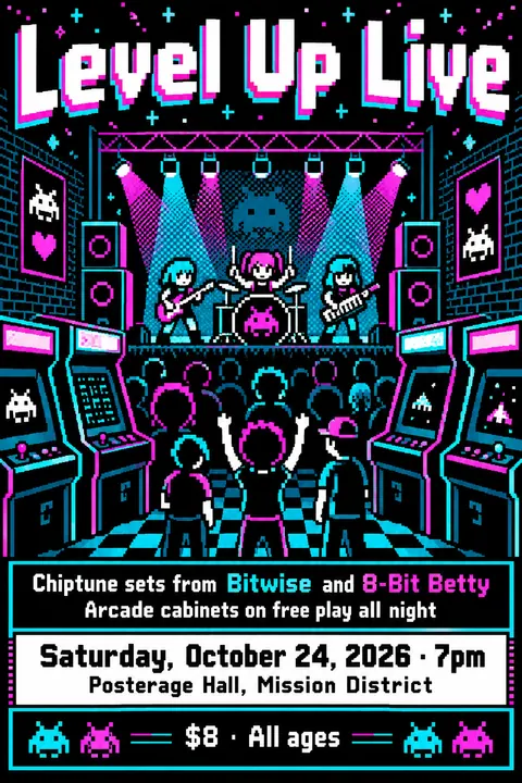 Pixel Art style poster for a fictional event called Level Up Live