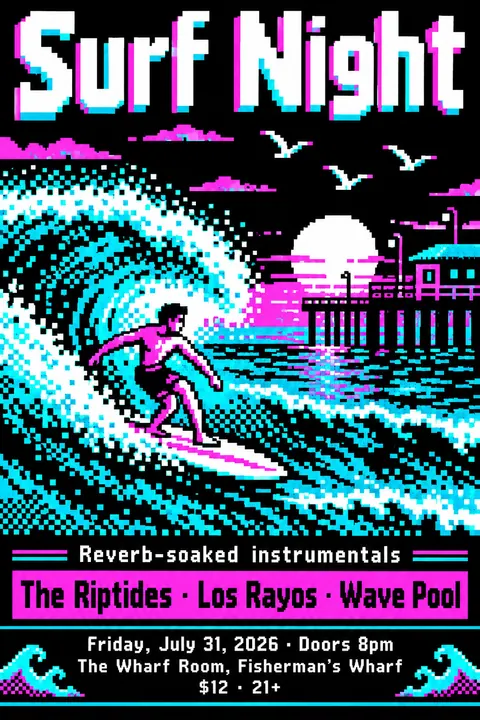 Pixel Art style poster for a fictional event called Surf Night