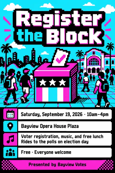 Pixel Art style event poster for a fictional protest: Register the Block