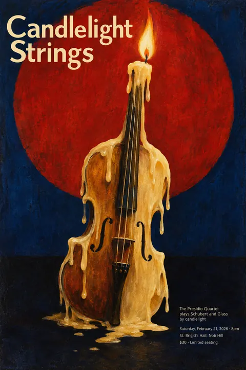 Polish Poster School style poster for a fictional event called Candlelight Strings