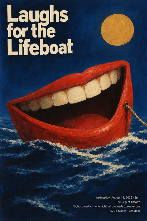 Polish Poster School style event poster for a fictional fundraiser: Laughs for the Lifeboat